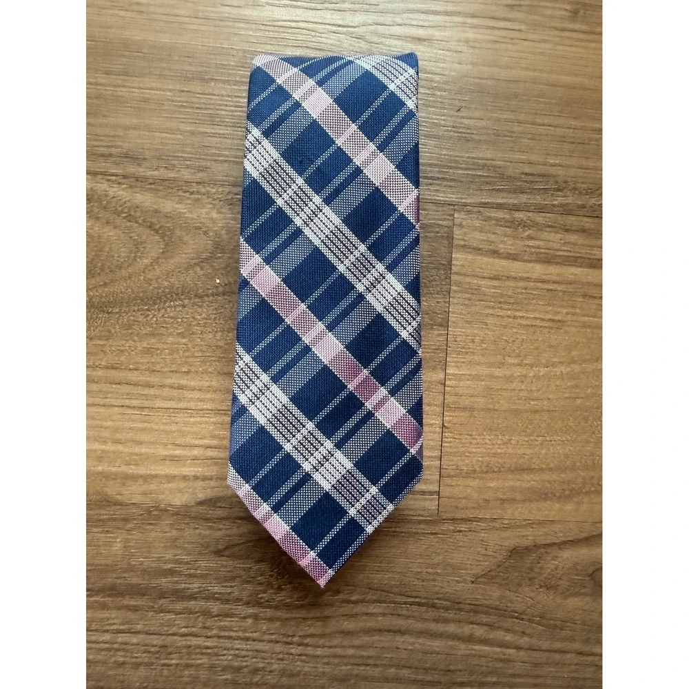 Lauren Ralph Lauren Mens Silk Blend Plaid Necktie Navy Blue Pink White 3